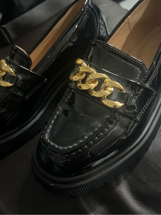 Shoes - Black Patent Loafers with Gold Chain Accent